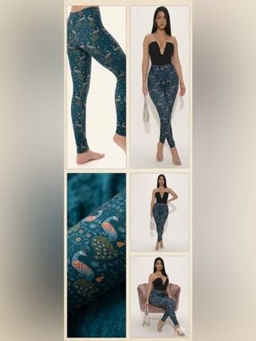 Teal Peacock Print Leggings - Women